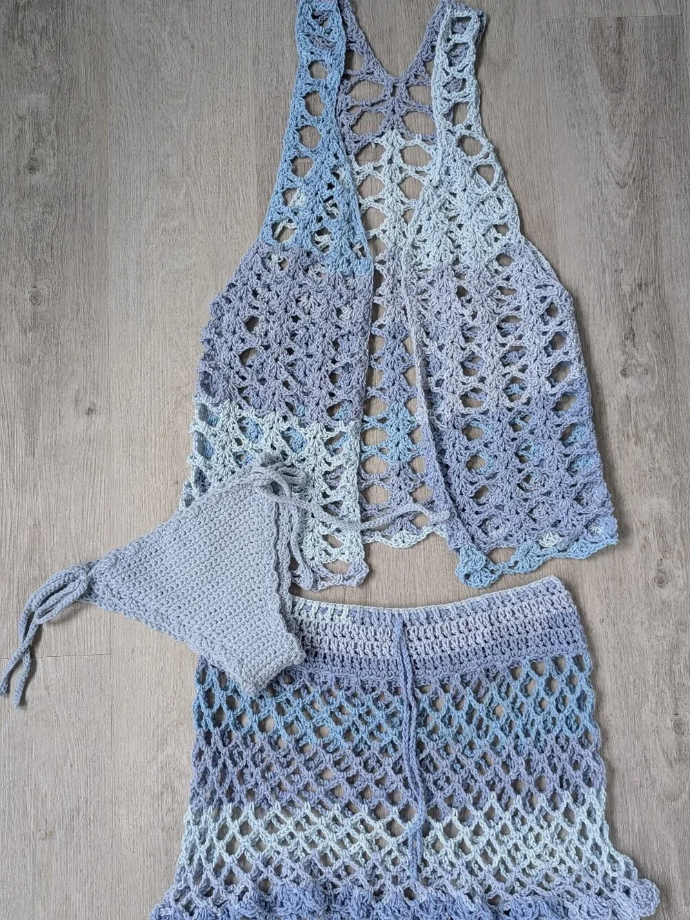 Handmade Boho Festival Crochet Blue Ombré 3-piece Swim Cover Up Set S-M - Picture 2 of 8